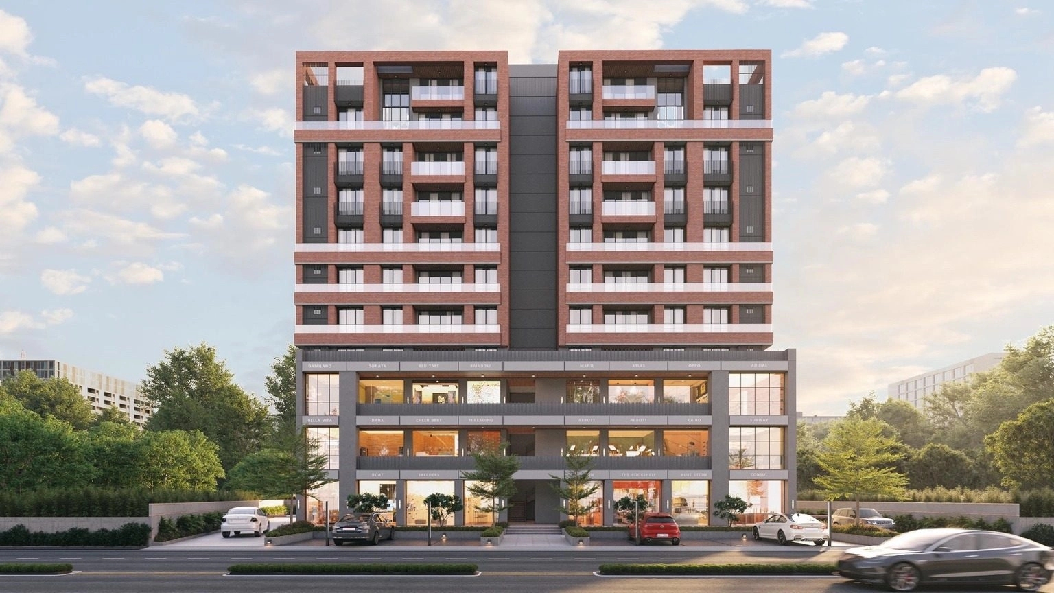 Milestone Infra mixed-use development in Vapi, Gujarat at dusk